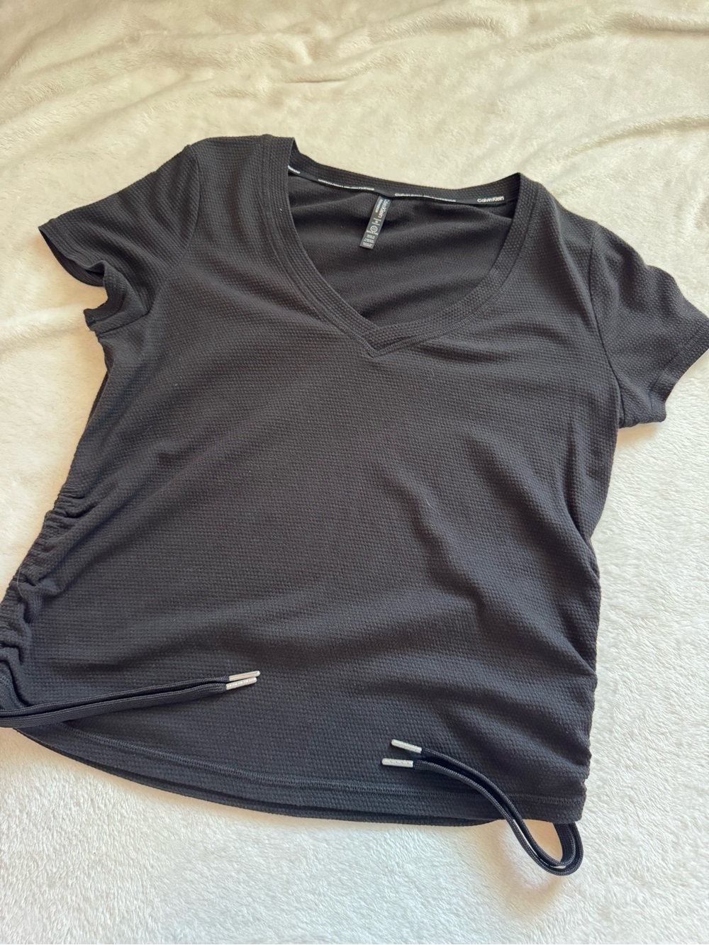 Calvin Klein Black V-Neck Short Sleeve Tee with Side Drawstrings